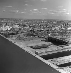 Warehouses Prints: Aerial view of Kings Dock part of the Liverpool South Docks system which became redundant