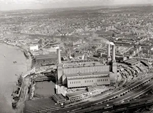 Aerial view of London with Battersea power station in foreground August 1959
