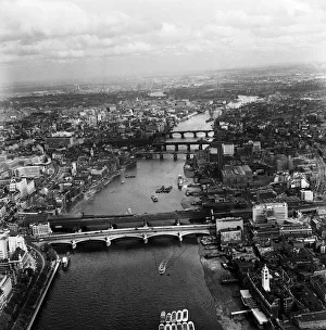 Skyline Prints: Aerial view of London showing Waterloo bridge on the River Thames