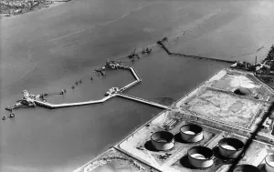 Aerial view of the new floating berths for super tankers constructed offshore