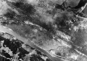 Aerial view showing damage caused to the Creil railway marshalling yards one o clock