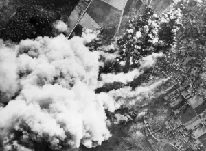 United States Air Force Prints: Aerial view showing damage caused to the Creil railway marshalling yards one o clock