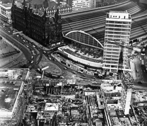 An aerial view showing the development works in progress at Lime Street station in