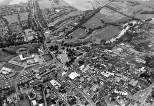 00093 Prints: An aerial view showing the river Avon meandering through Stratford-upon-Avon