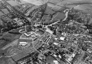 An aerial view showing the river Avon meandering through Stratford-upon-Avon