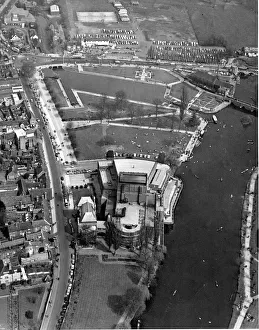 An aerial view showing the river Avon and the Royal Shakespeare Theatre