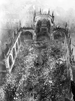 Ruins Prints: Aerial view showing the ruins of Coventry Cathedral after it was destroyed by the German