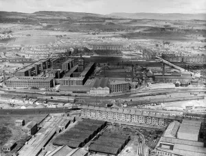 Towns Prints: Aerial view showing the Singer Manufacturing Company sewing machine factory in Kilbowie
