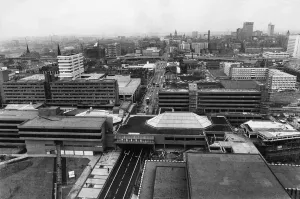 Aerial view showing the University Precinct seen from Oxford Road looking towards St