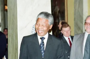 World Leader Prints: African National Congress leader Nelson Mandela seen here posing beside his wax work