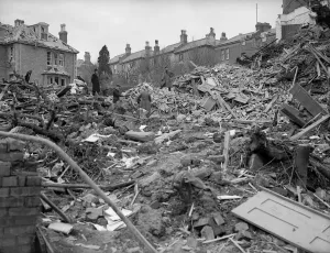 Blitzkreig Prints: Air raid damage in Coventry Civilians search the rubble of thier bomb damaged