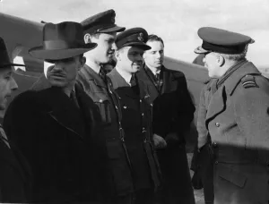 Usaaf Prints: Air Vice Marshall Sir Richard Peck greets a trans-Atlantic ferry crew after their arrival
