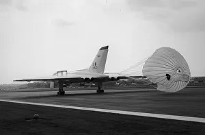 Core01 Prints: Aircraft AVRO Vulcan B2 with braking chute deployed lands at the SBAC Farnborough Air