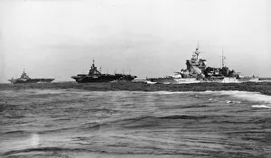 Aircraft carriers HMS Illustrious and HMS Formidable escorted by HMS Warspite
