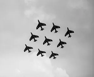 Aerobatics Prints: Aircraft Hawker Hunters of the RAFs 111 Sqd Black Diamonds display team at the SBAC
