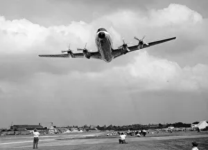 Aircraft Vickers Viscount turbo prop airliner flying at the SBAC Farnborough Air Show