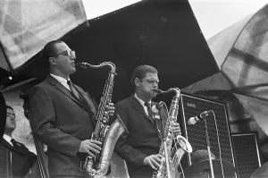 Musical Instruments Prints: Al Cohn (left) and Zoot Sims performing on stage at the 1967 National Jazz