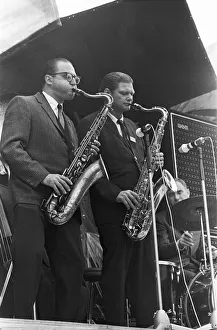 01073 Prints: Al Cohn (left) and Zoot Sims performing on stage at the 1967 National Jazz