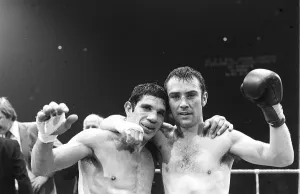 Alan Minter with Gratien Tonna after winning fight 1978 at Wembley puts arms around