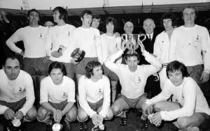 Alan Mullery of Tottenham Hotspur - February 1971 holding the winning League Cup