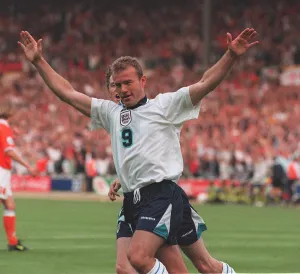 Alan Shearer celebrates Englands first goal against Holland in their euro 96 clash