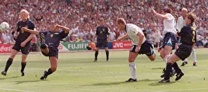 ALAN SHEARER HEADERS THE BALL TO SCORE HIS GOAL FOR ENGLAND AGAINST SCOTLAND IN THEIR