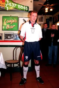ALAN SHEARER MODELLING THE NEW 1997 ENGLAND FOOTBALL STRIP