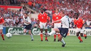 Alan Shearer scores Englands first goal during the England Holland Euro 96 match