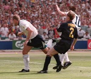 ALAN SHEARER SCORES HIS GOAL FOR ENGLAND AGAINST SCOTLAND IN THEIR EURO 96 MATCH