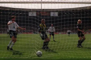 Alan Shearer scores the opening goal during the England v Scotland game of the European