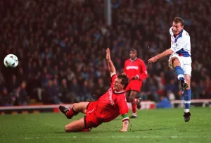 Alan Shearer scoring goal for Blackburn Rovers v Queens Park Rangers to make the score