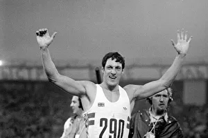 Arms Prints: Alan Wells sprinter celebrates after winning 100 metres final in the Grand Arena of