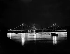 00202 Prints: The Albert bridge illuminated at night in London 1951 bridge bridges engineering