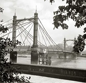 Towns And Villages Prints: Albert Bridge London Construction bridge over the river water Boat sailing