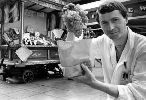 Vegetables Prints: Alberts Sayers with his barrow on the streets of Newcastle on 4th August 1982