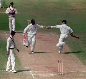 Alec Stewart and Mike Atherton Cricket players July 1998 touch hands during