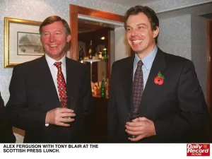 Alex Ferguson and Tony Blair at Scottish Press Lunch glasses in hand Manchester United
