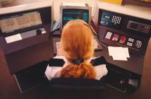 Computers Prints: Alison Close in the Fire Control room at West Denton fire station