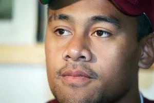 All Blacks rugby player Jonah Lomu during a press conference, while on a visit to Blaina