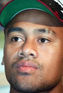 All Blacks rugby player Jonah Lomu during a press conference, while on a visit to Blaina