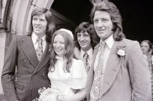 All star line up Bridgroom Bob Worthington left with bride Louise and brothers Dave