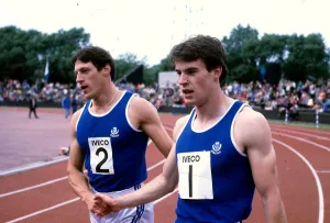 Allan Wells (left) and Cameron Sharp of Scotland complete a 1-2 in the 100m