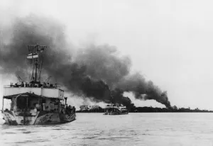 01455 Prints: Allied craft travel up the Rangoon River through smoke caused by airstrikes
