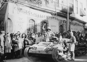 01454 Prints: Allied forces enter Damascus. Vehicles of the Free French pause in Damascus
