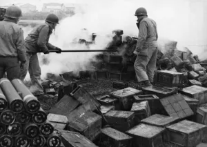 Ammunition Prints: Allied soldiers of the Fifth Army fight to extinguish flames in an ammunition dump in