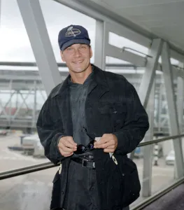 American actor Patrick Swayze on arrival at Heathrow Airport from Los Angeles