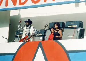 American blues musician Bo Diddley performing in concert during a Rock