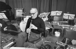 Eyes Closed Prints: American clarinetist Benny Goodman seen here rehearsing for a Albert Hall concert