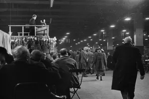 01163 Prints: American evangelist Billy Graham addressing a huge crowd of people at Kelvin Hall in