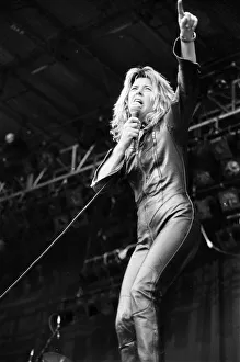 American glam rock musician Suzi Quatro performing on stage on Saturday night